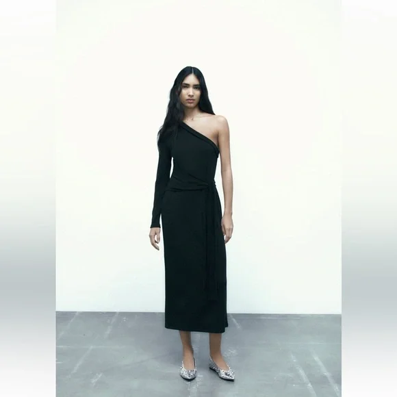 Zara | Dresses | Zara Soft Asymmetric Dress Black Size S New